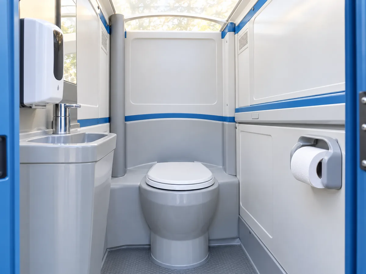 Interior of a clean ADA-accessible portable restroom with grab bars and wide doorway